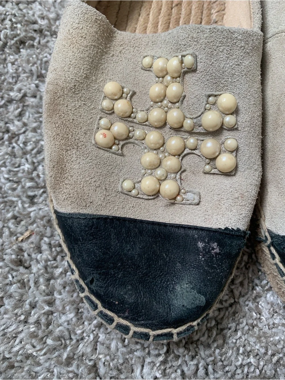 Tory Burch Pearl Logo Beige Suede Slip-On Espadrilles with Black Toe